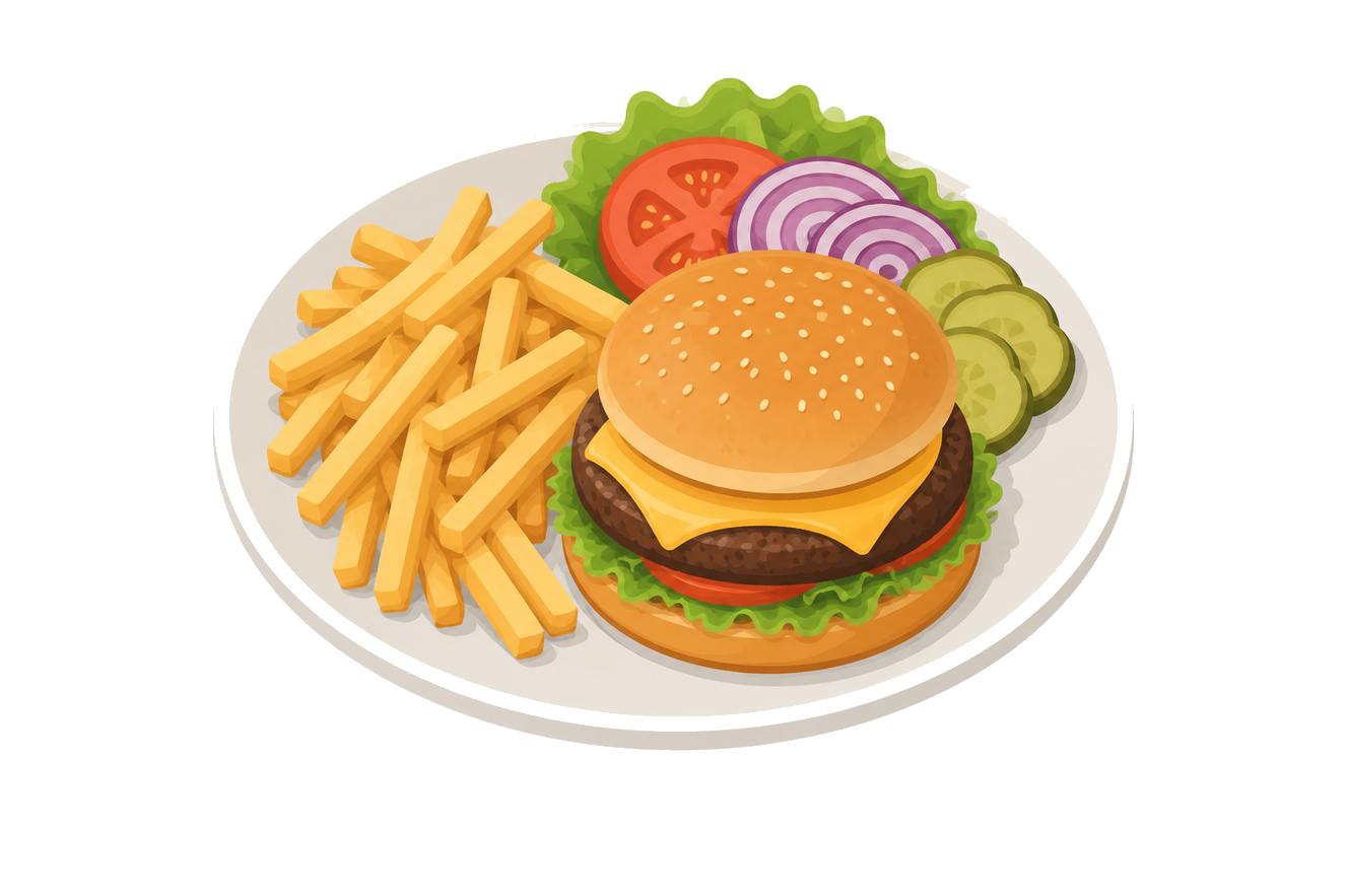 A cheeseburger plate with a side of fries